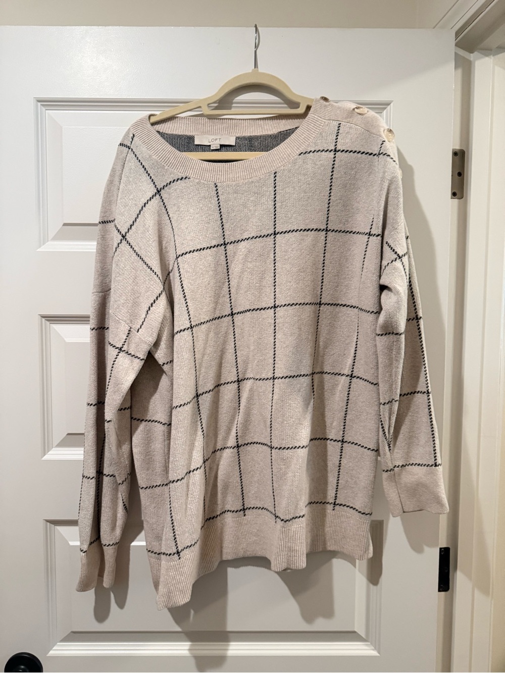 LOFT Cream Windowpane Button-Shoulder Sweater